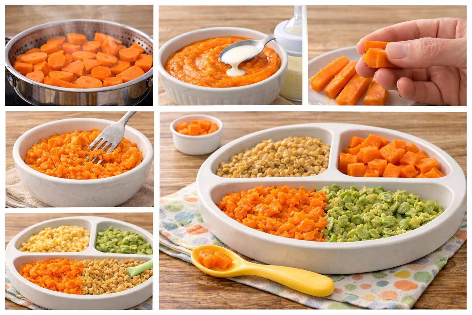 A collage showing various ways to prepare carrots for babies, featuring steamed carrot slices, smooth carrot puree mixed with breast milk, mashed carrots, and soft roasted carrot sticks and cubes for baby-led weaning finger food plates.