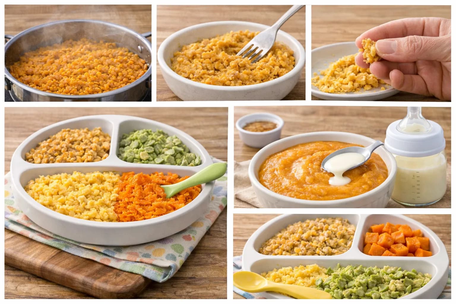 A collage of red lentil recipes for babies, featuring simmering lentils in a pot, mashed lentils for finger food, smooth lentil puree mixed with breast milk, and balanced baby-led weaning plates with lentils, mashed sweet potato, and peas.
