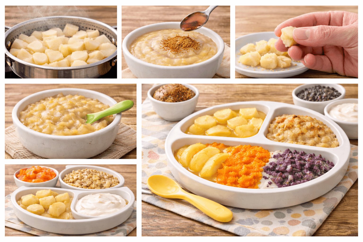 A collage showing various ways to prepare apples for babies, featuring steamed apple chunks, smooth applesauce puree topped with cinnamon, mashed apples, and healthy baby meal plates with soft apple slices, mashed carrots, and lentils.