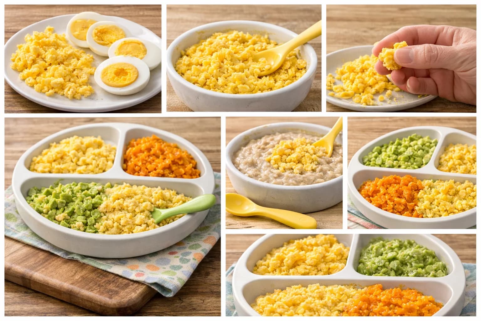A collage showing safe ways to serve eggs to babies, including hard-boiled egg slices, mashed egg yolks, scrambled egg crumbles for finger food, and balanced baby meal plates featuring eggs paired with mashed avocado and sweet potato.