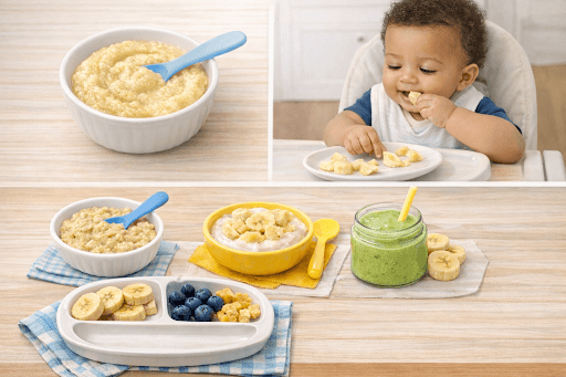 A collage showing different ways to serve bananas to babies, featuring smooth banana puree, a baby eating banana chunks, banana oatmeal, yogurt topped with fruit, and a green smoothie in a glass jar.