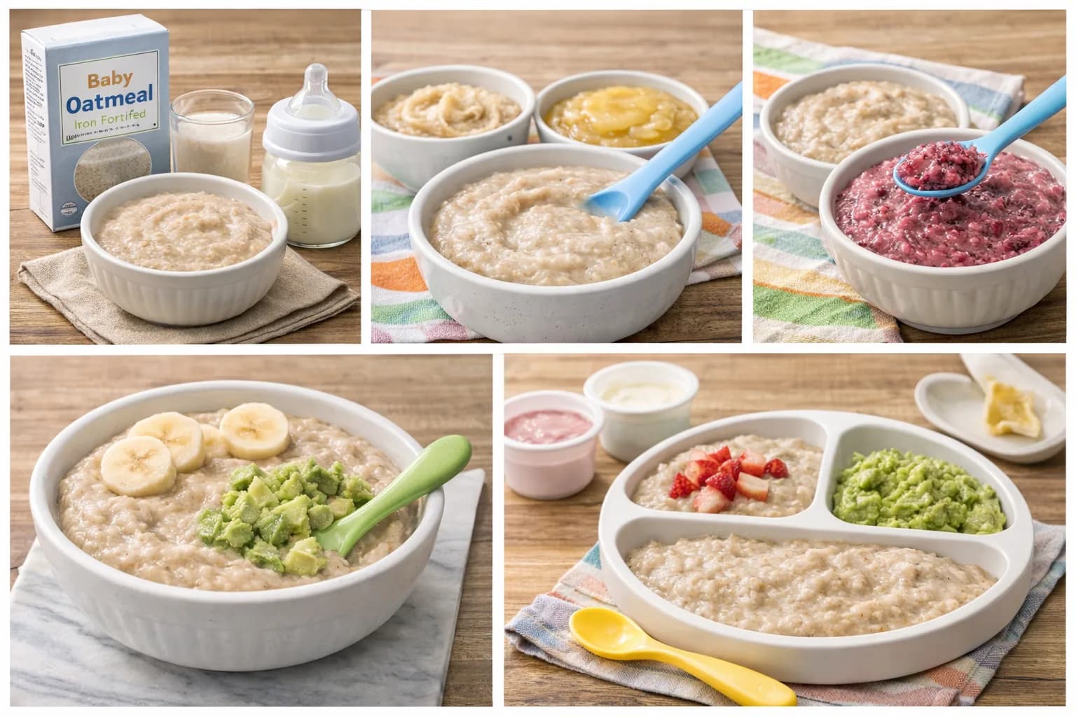 A collage of baby oatmeal serving ideas, including iron-fortified baby cereal prepared with breast milk, oatmeal mixed with berry puree, and oatmeal bowls topped with mashed avocado, banana slices, and chopped strawberries for toddlers.