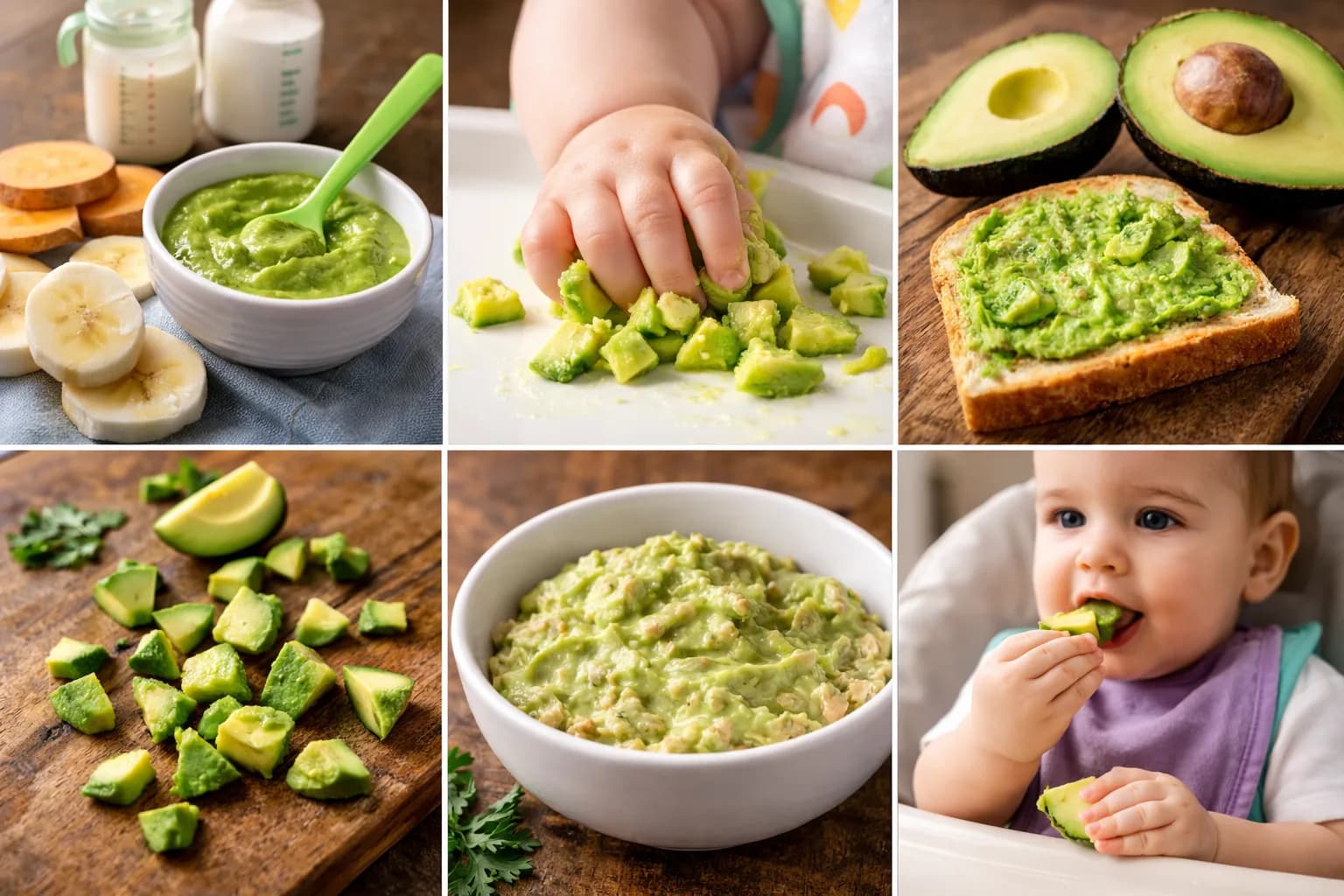 A collage of six images showing various ways to serve avocado for babies and toddlers, including smooth avocado puree, mashed avocado on toast, diced avocado chunks for finger food, and a baby eating fresh avocado slices.