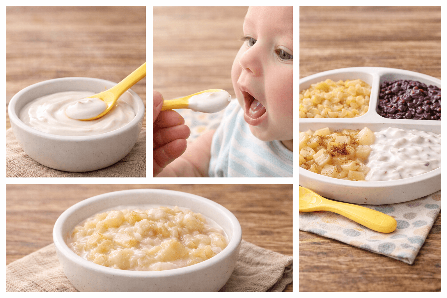 A collage of yogurt serving ideas for babies, featuring plain Greek yogurt, a baby being spoon-fed yogurt, yogurt mixed with mashed apples and cinnamon, and a balanced baby meal plate with yogurt, lentils, and diced fruit.