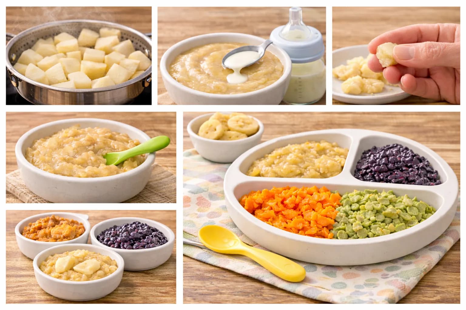 A collage showing various ways to serve pears to babies, including steamed pear chunks, smooth pear puree mixed with breast milk, mashed pear textures, and balanced baby meal plates featuring pears paired with lentils, carrots, and peas.