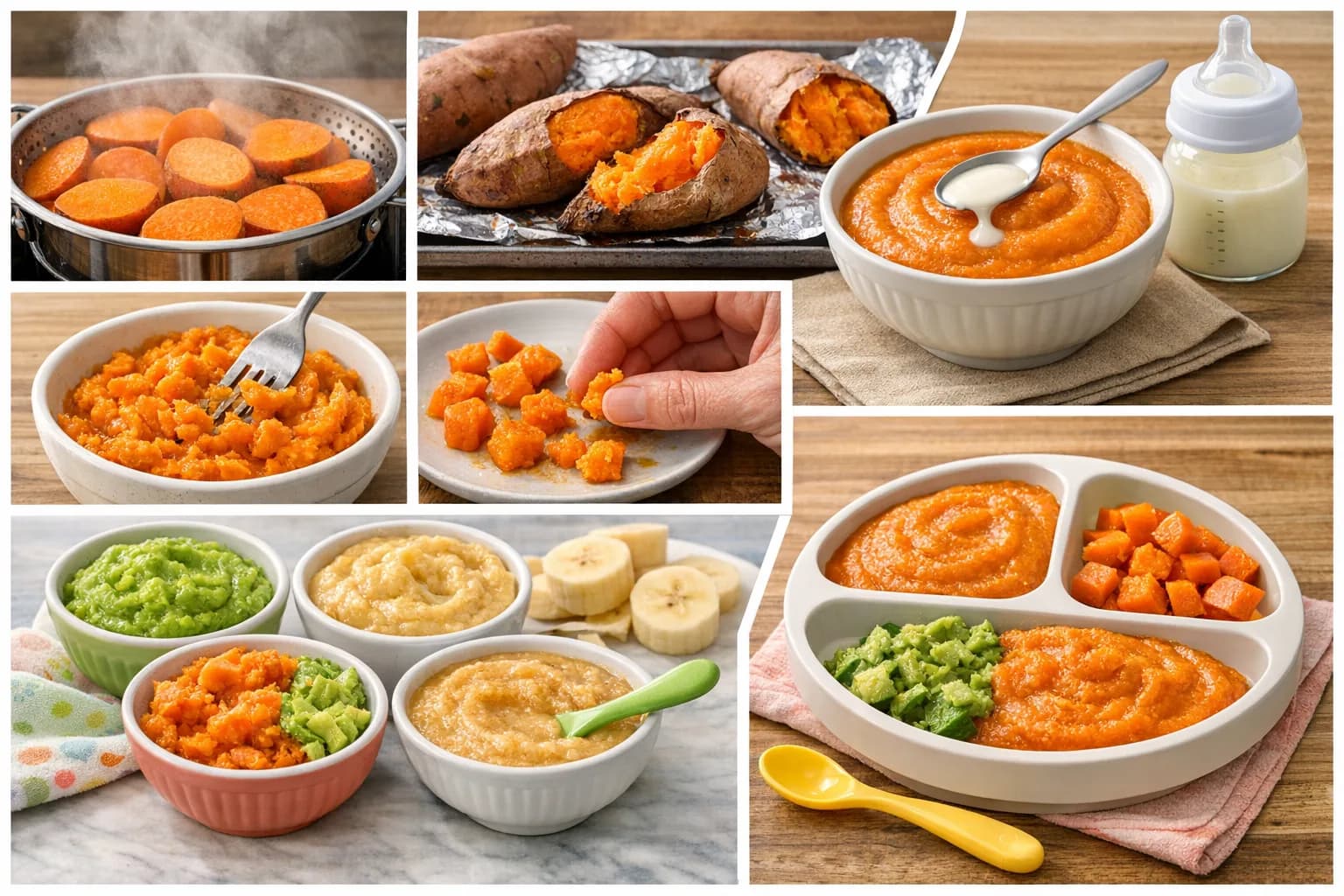 A collage showing how to prepare sweet potato for babies, including steamed slices, roasted whole sweet potatoes, smooth puree mixed with breast milk, mashed textures, and roasted cubes for baby-led weaning finger foods.